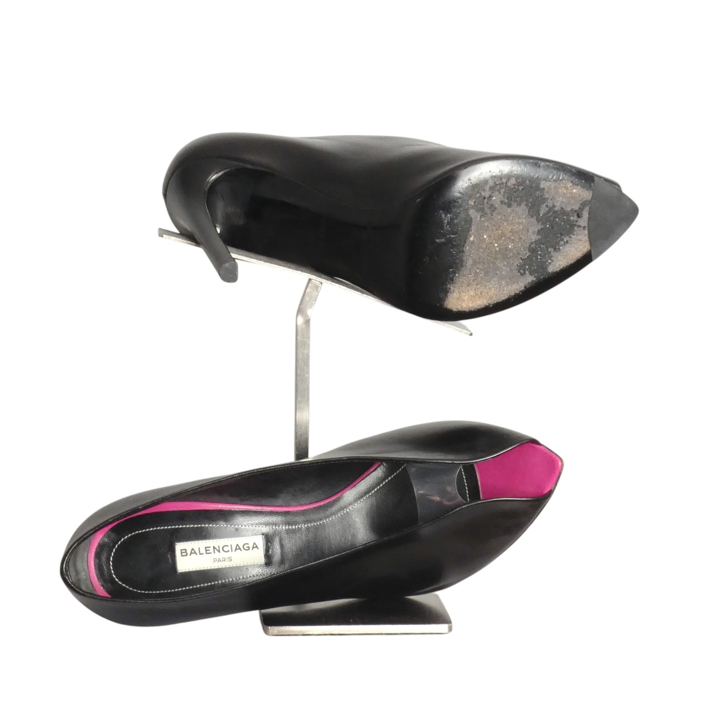 BALENCIAGA- Black Leather Peep Toe Pumps, Size 37