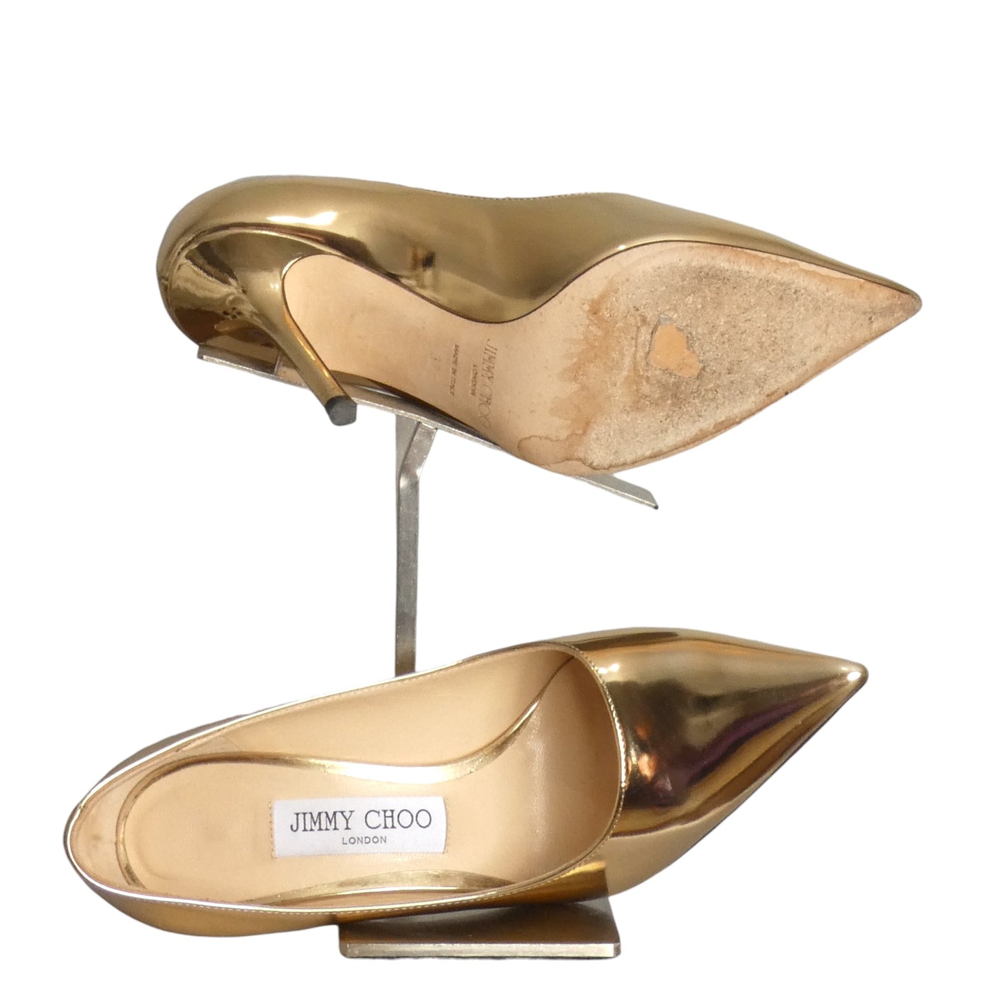 JIMMY CHOO- Gold Metallic Spike Heel Pumps, Size 37