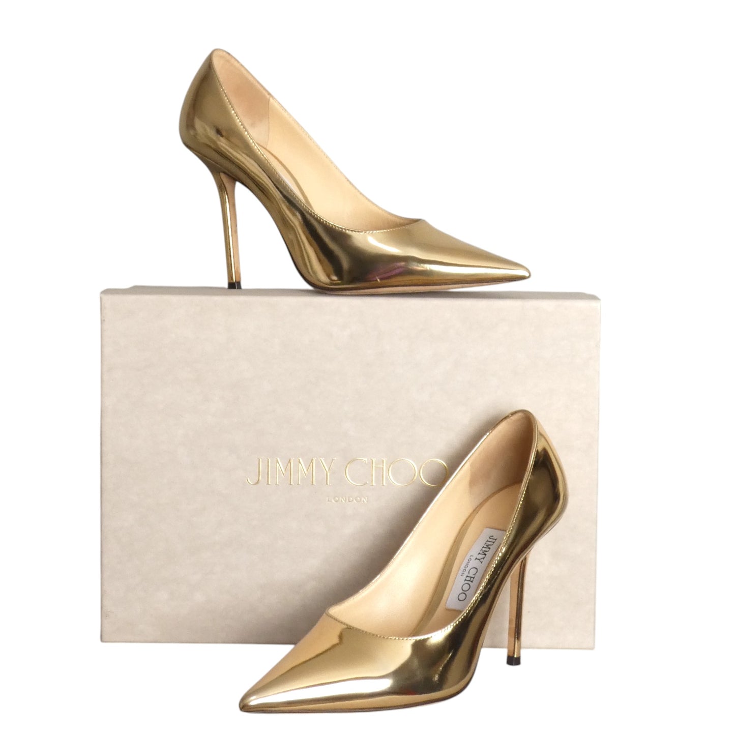 JIMMY CHOO- Gold Metallic Spike Heel Pumps, Size 37