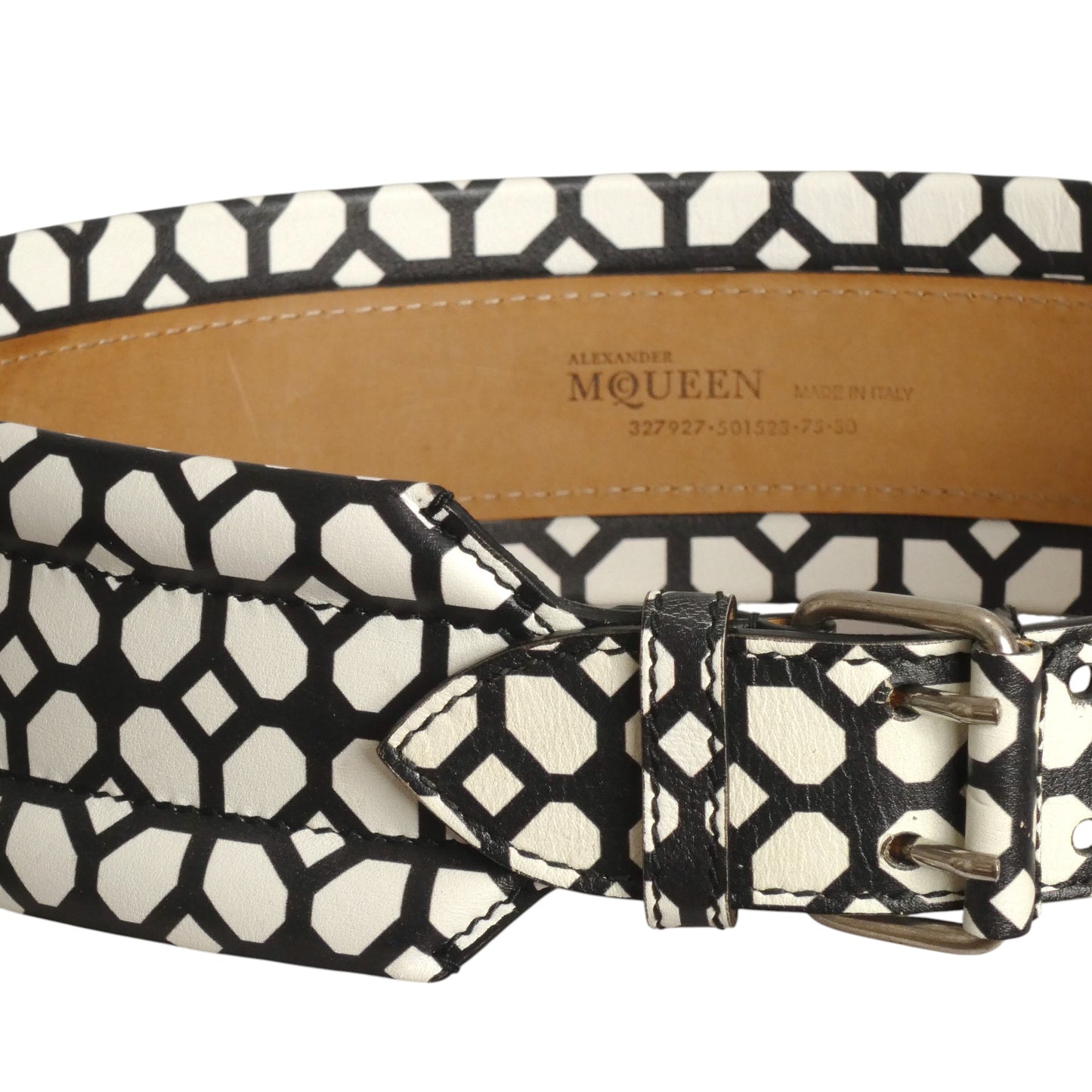 ALEXANDER MCQUEEN- Black & White Printed Leather Belt, Waist 30