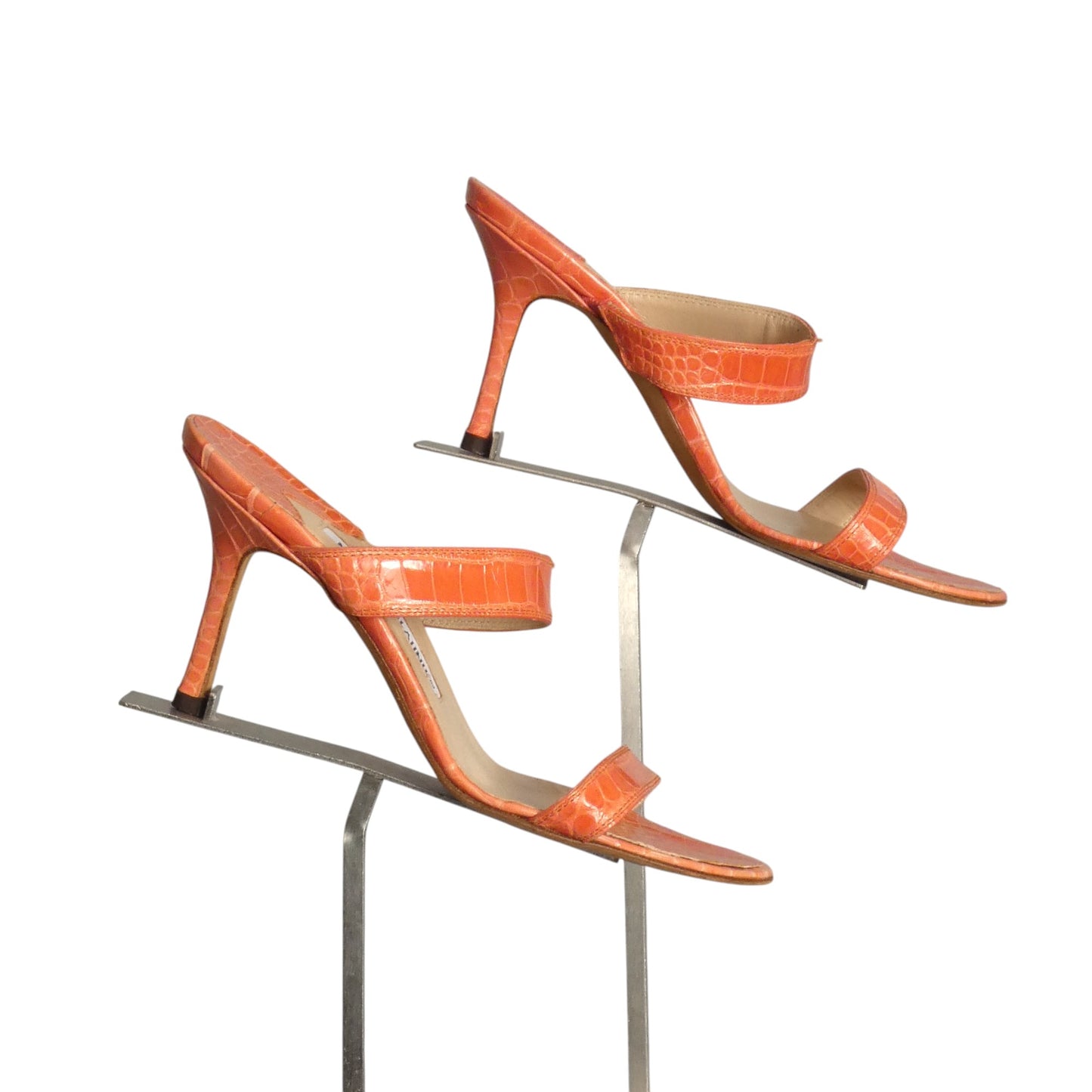 MANOLO BLAHNIK- Coral Alligator Sandals, Size 36