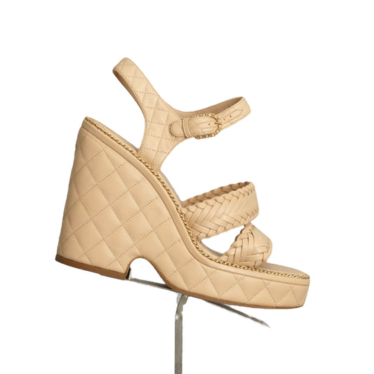 CHANEL- Tan Woven Leather Platform Heels, Size 39.5