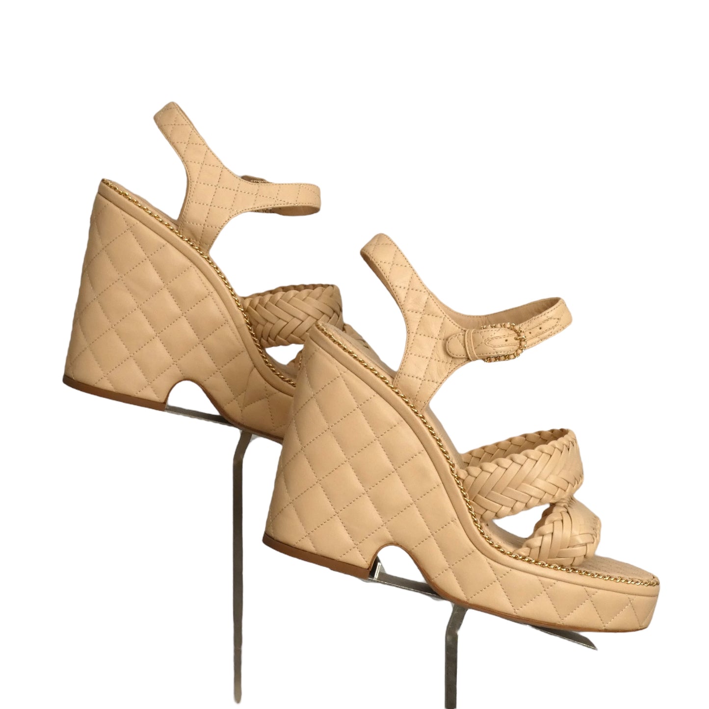 CHANEL- Tan Woven Leather Platform Heels, Size 39.5