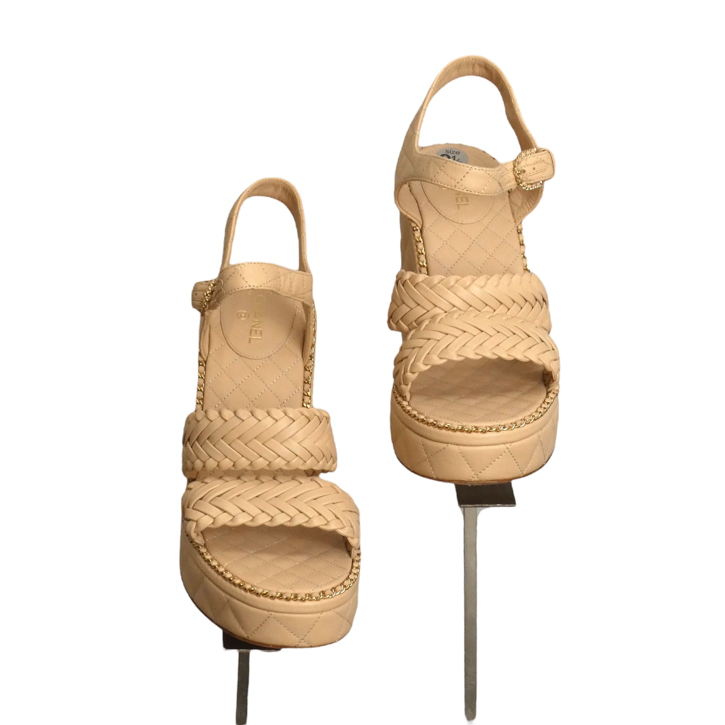 CHANEL- Tan Woven Leather Platform Heels, Size 39.5