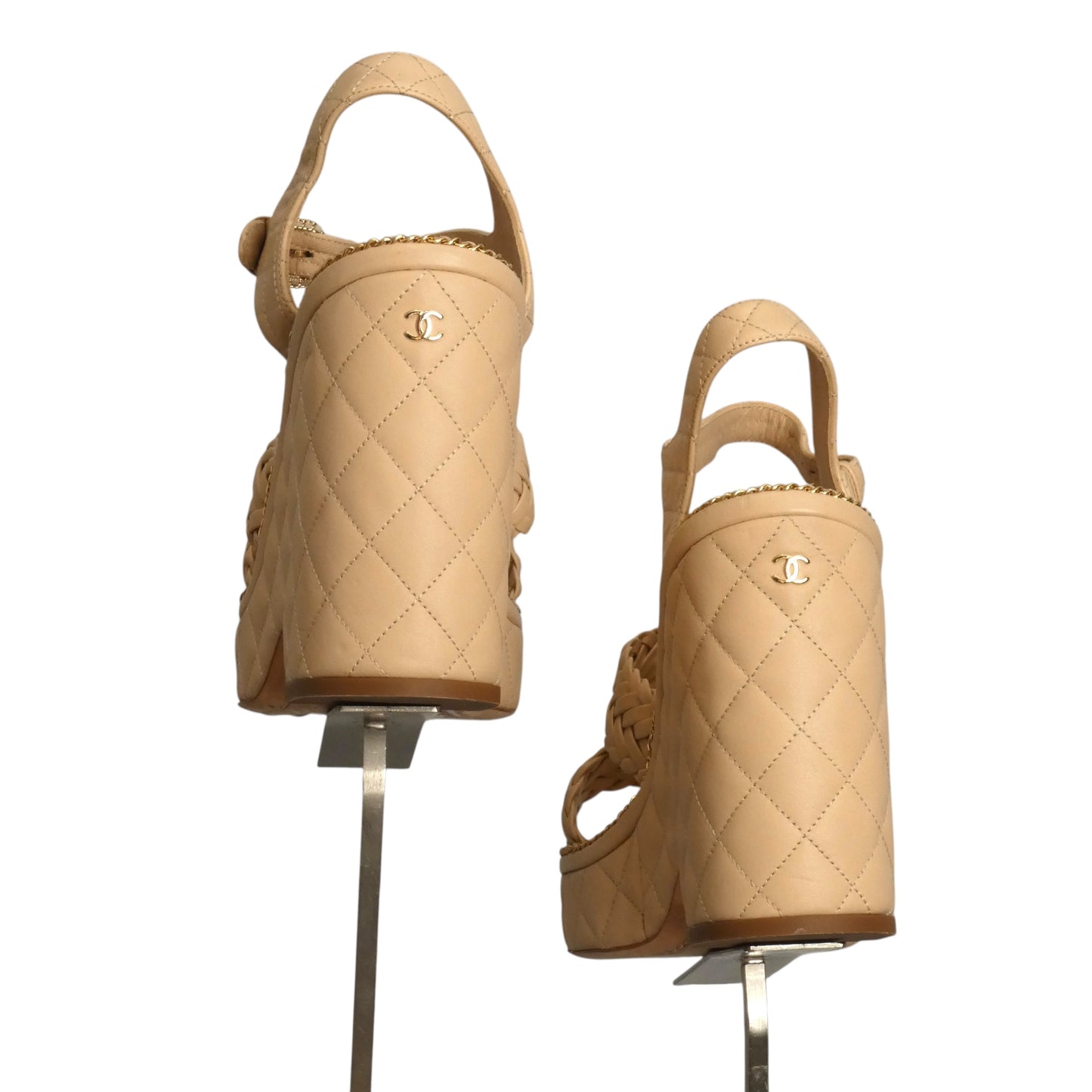 CHANEL- Tan Woven Leather Platform Heels, Size 39.5