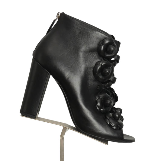 CHANEL- Black Leather Camelia Peep Toe Booties, Size 37