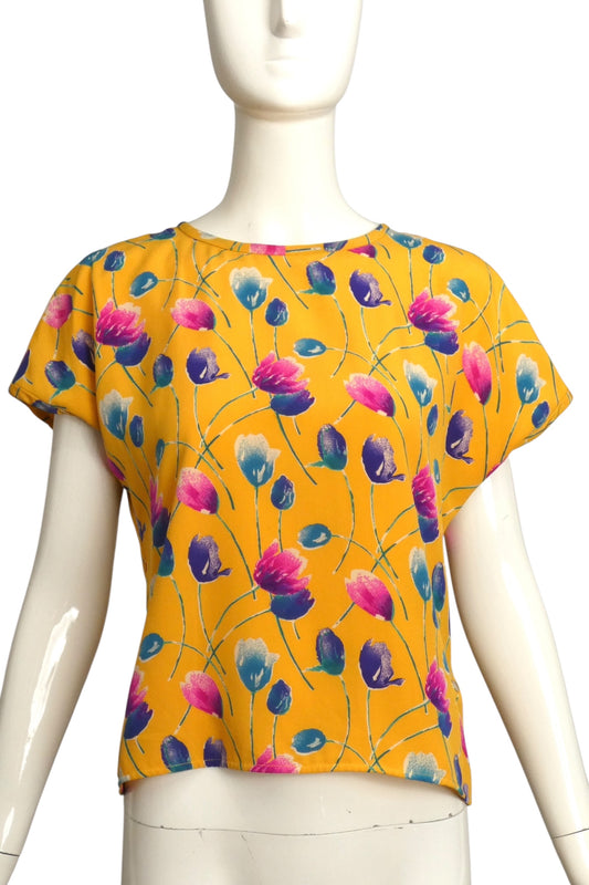 UNGARO- 1980s  Floral Print Silk Blouse, Size 6