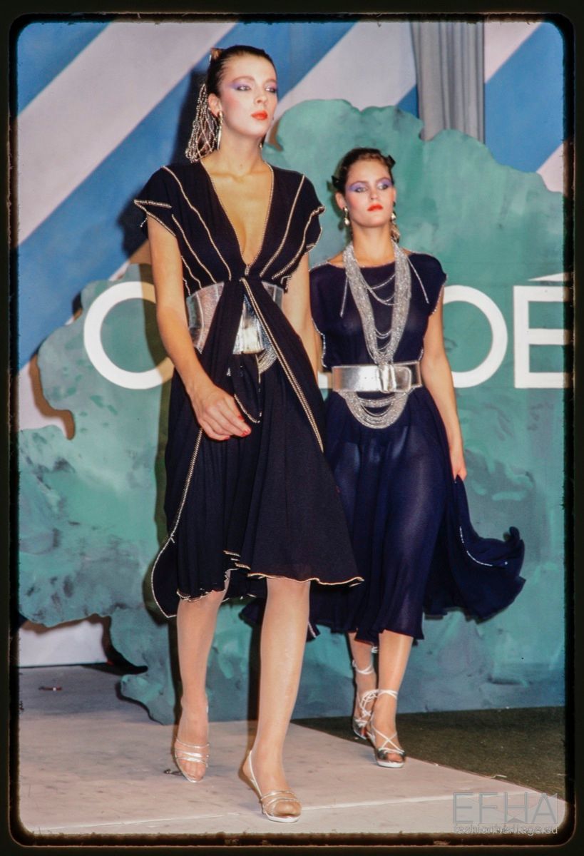CHLOE- 1982 Navy Bead Trim Chiffon Ensemble, Size 6