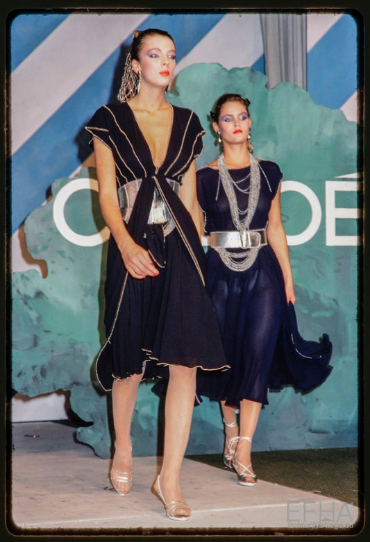 CHLOE- 1982 Navy Bead Trim Chiffon Ensemble, Size 6