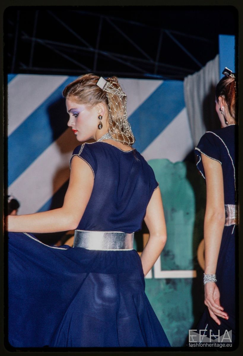 CHLOE- 1982 Navy Bead Trim Chiffon Ensemble, Size 6