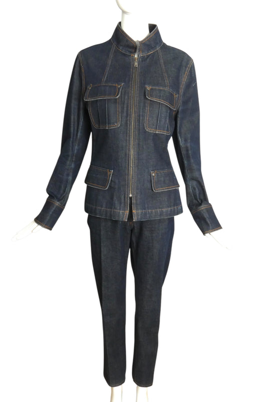 YVES SAINT LAURENT- 2000s Blue Denim Safari Pant Suit, Size 6