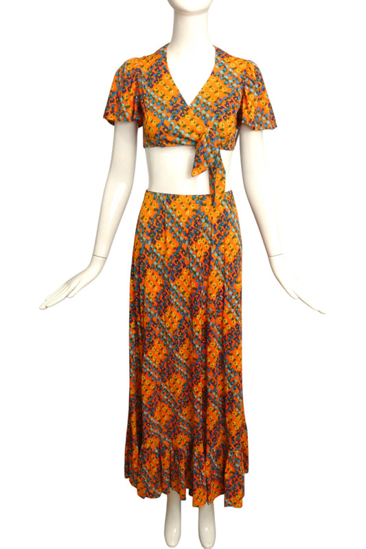 1970s 2pc Floral Knit Skirt Ensemble, Size 2
