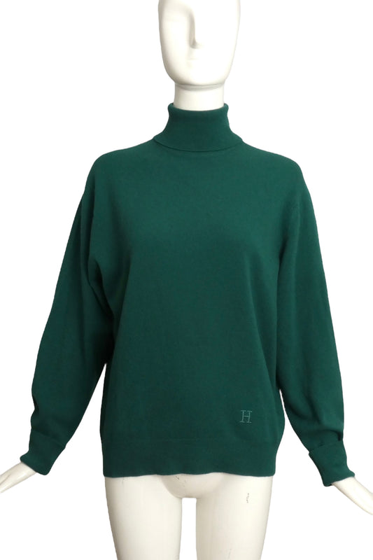 HERMES- 1970s Green Cashmere Turtleneck Sweater, Size 10