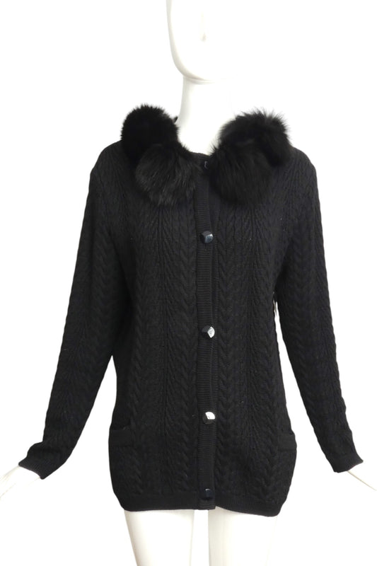 SAINT LAURENT- 1980s Back Fur Trimmed Knit Cardigan, Size 8
