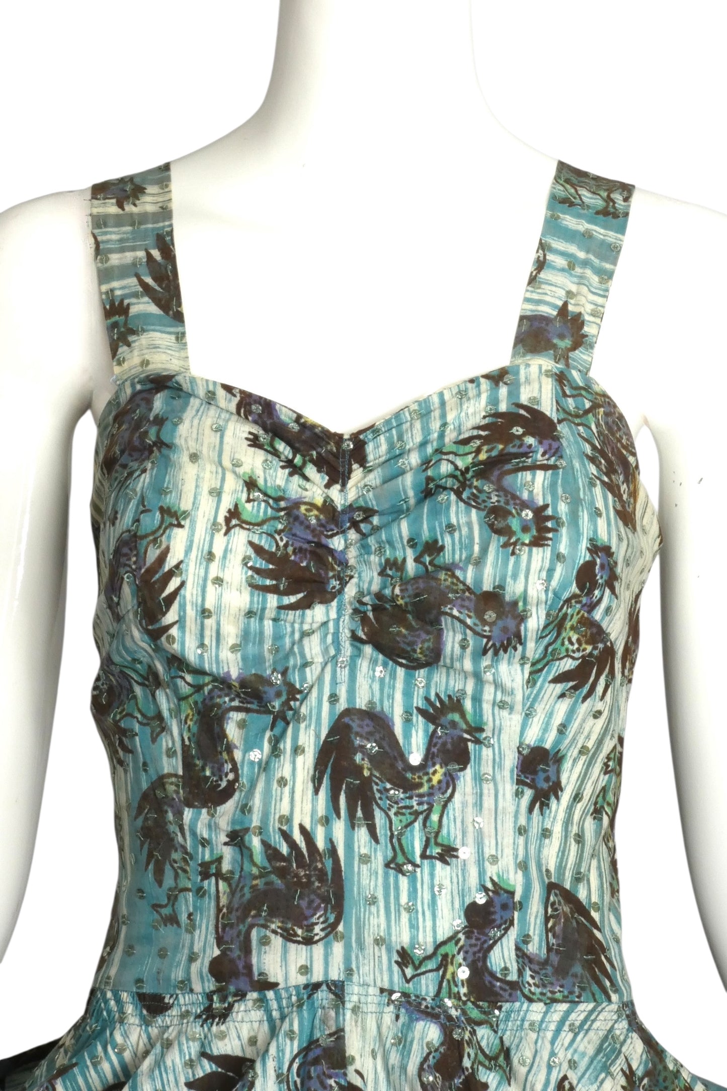 1950s Rooster Print Cotton Dress, Size 4