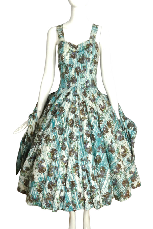 1950s Rooster Print Cotton Dress, Size 4