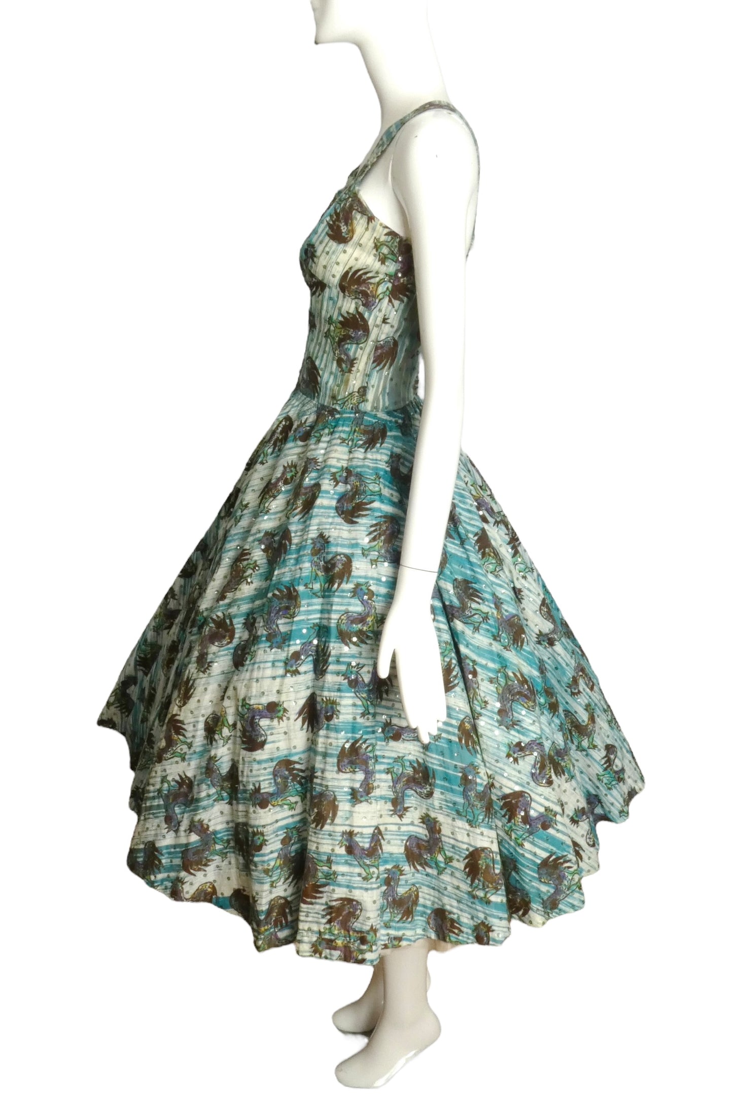 1950s Rooster Print Cotton Dress, Size 4