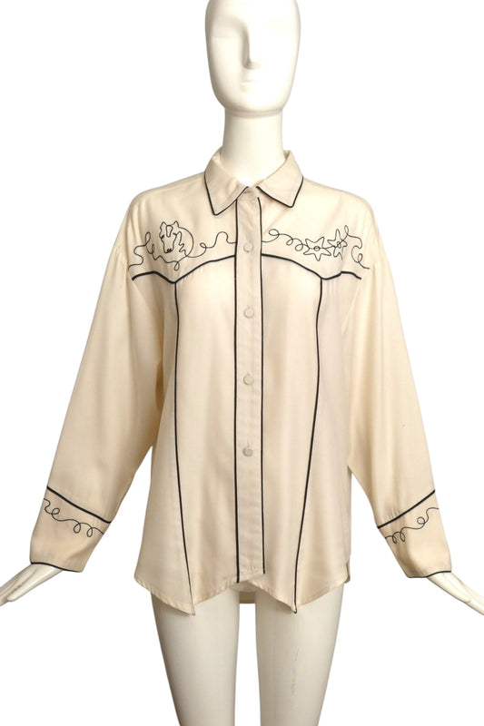 TODD OLDHAM- 1990s White Cotton Western Shirt, Size Medium
