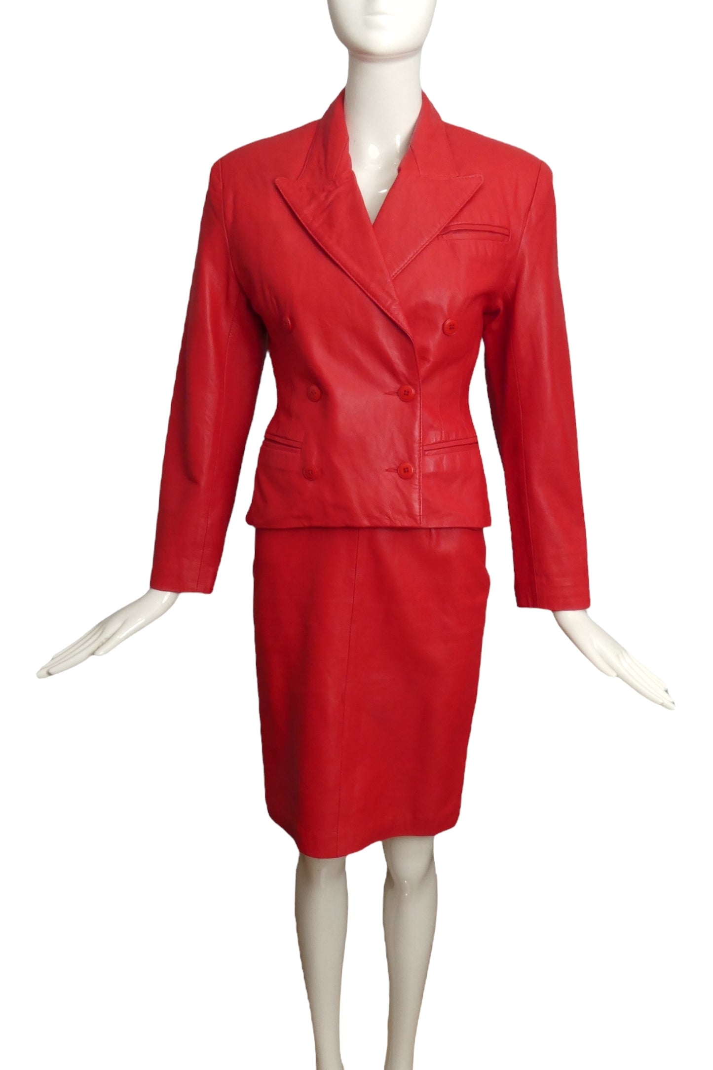 MICHAEL HOBAN- 1980s 3pc Red Leather Skirt Suit, Size 2