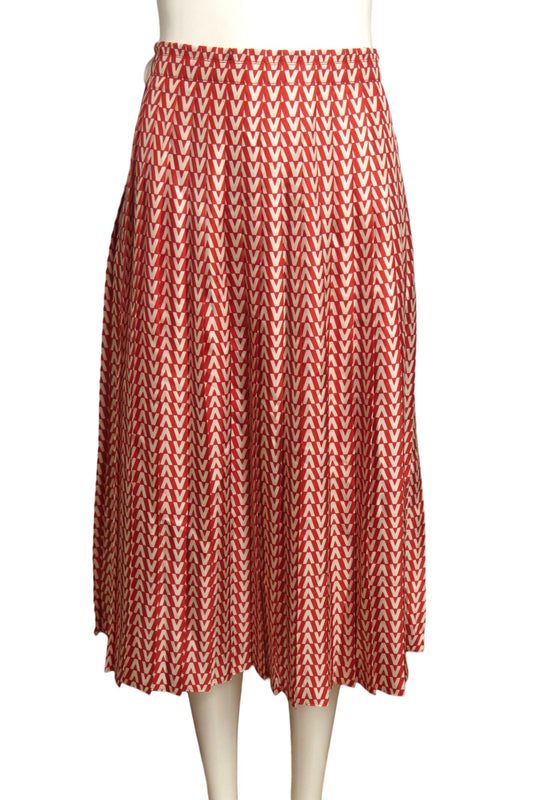 VALENTINO- 2019 Red & White Print Silk Pleat Skirt, Size 6