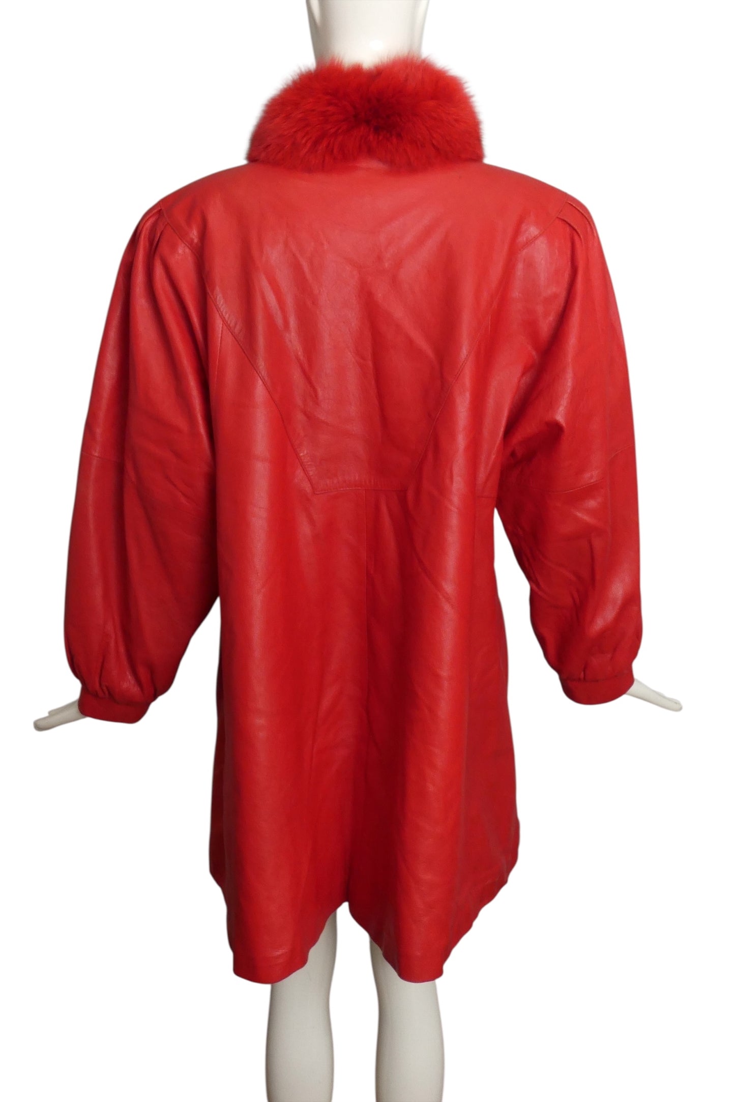 1980s Red Leather & Fox Fur Coat, Size Medium