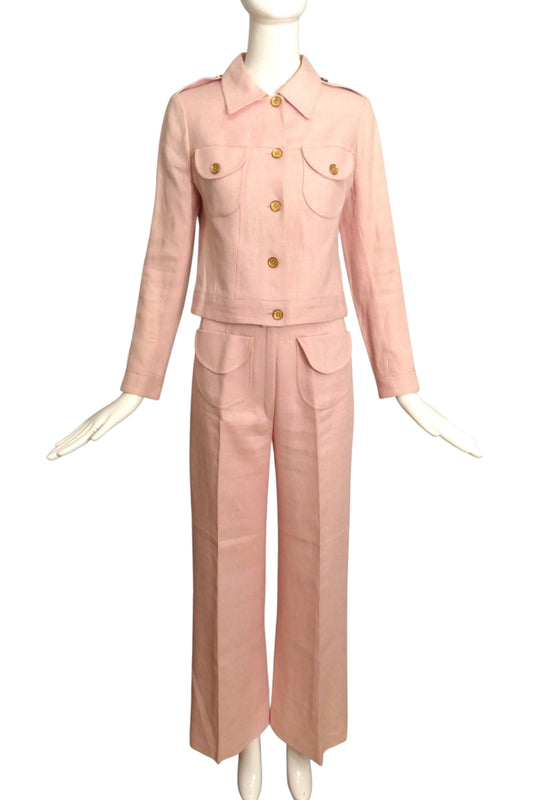 FERNANDO PENA-1970s Pink Linen Pant Suit, Size 2