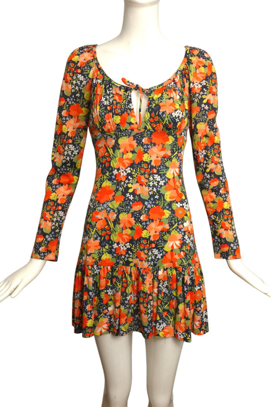 1960s Floral Print L/S Knit Dress, Size 6