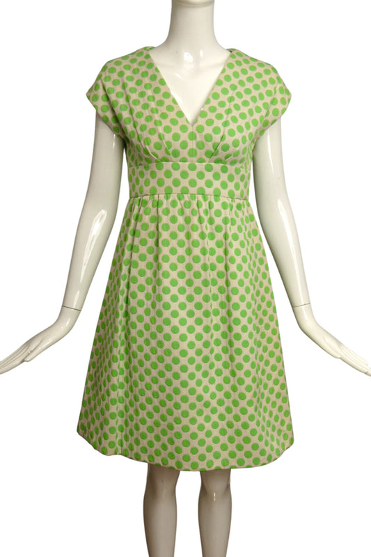 1960s Green & White Polka Dot Brocade Dress, Size 4