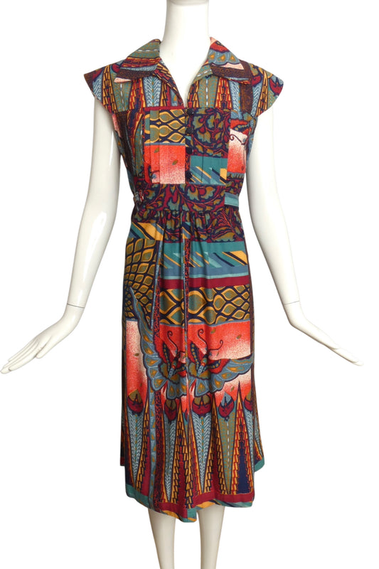 1970s Multi Color Printed Cotton Dress, Size 6