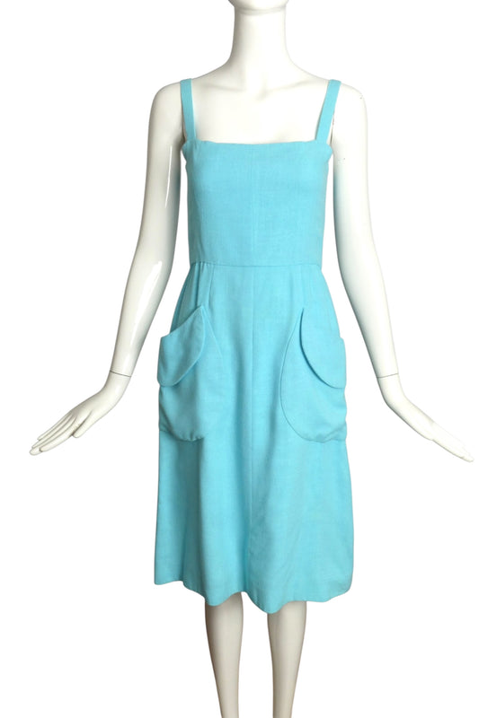NINA RICCI- AS IS 1970s Aqua Linen Dress, Size 4