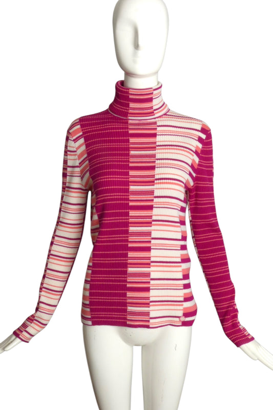 CHANEL- 2019 Multi Color Striped Turtle Neck Sweater, Size 6