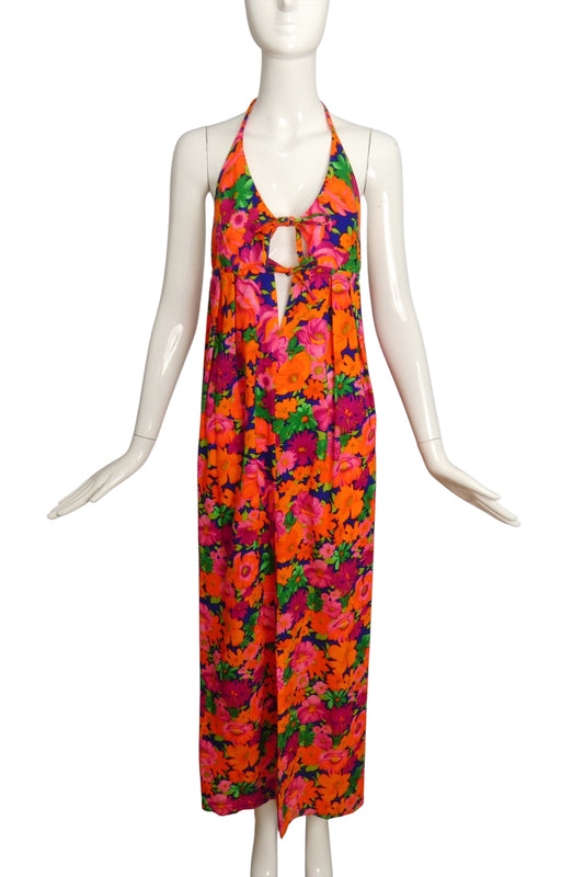1970s Multi Color Floral Halter Dress, Size 10