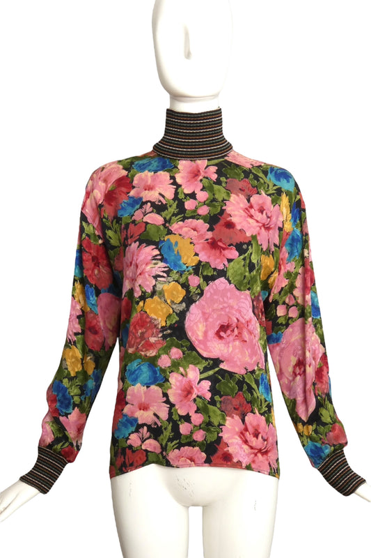 UNGARO- 1980s Floral Print Silk & Knit  Blouse, Size 8