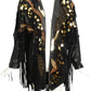 1980s Black Leather Fringe & Appliqué Coat, Size 10