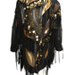 1980s Black Leather Fringe & Appliqué Coat, Size 10
