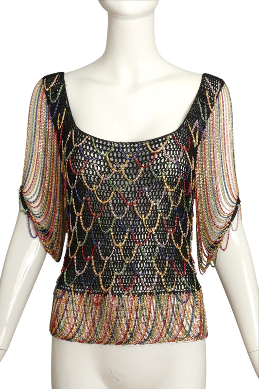 LORIS AZZARO- 1970s Chain Fringe Sweater Top, Size 4