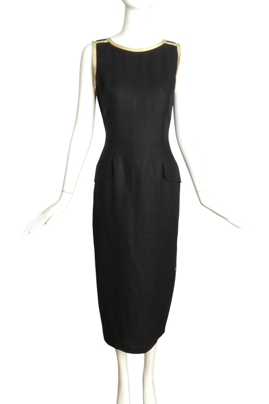 VALENTINO-1990s Black Linen & Gold Lame Shift Dress, Size 6