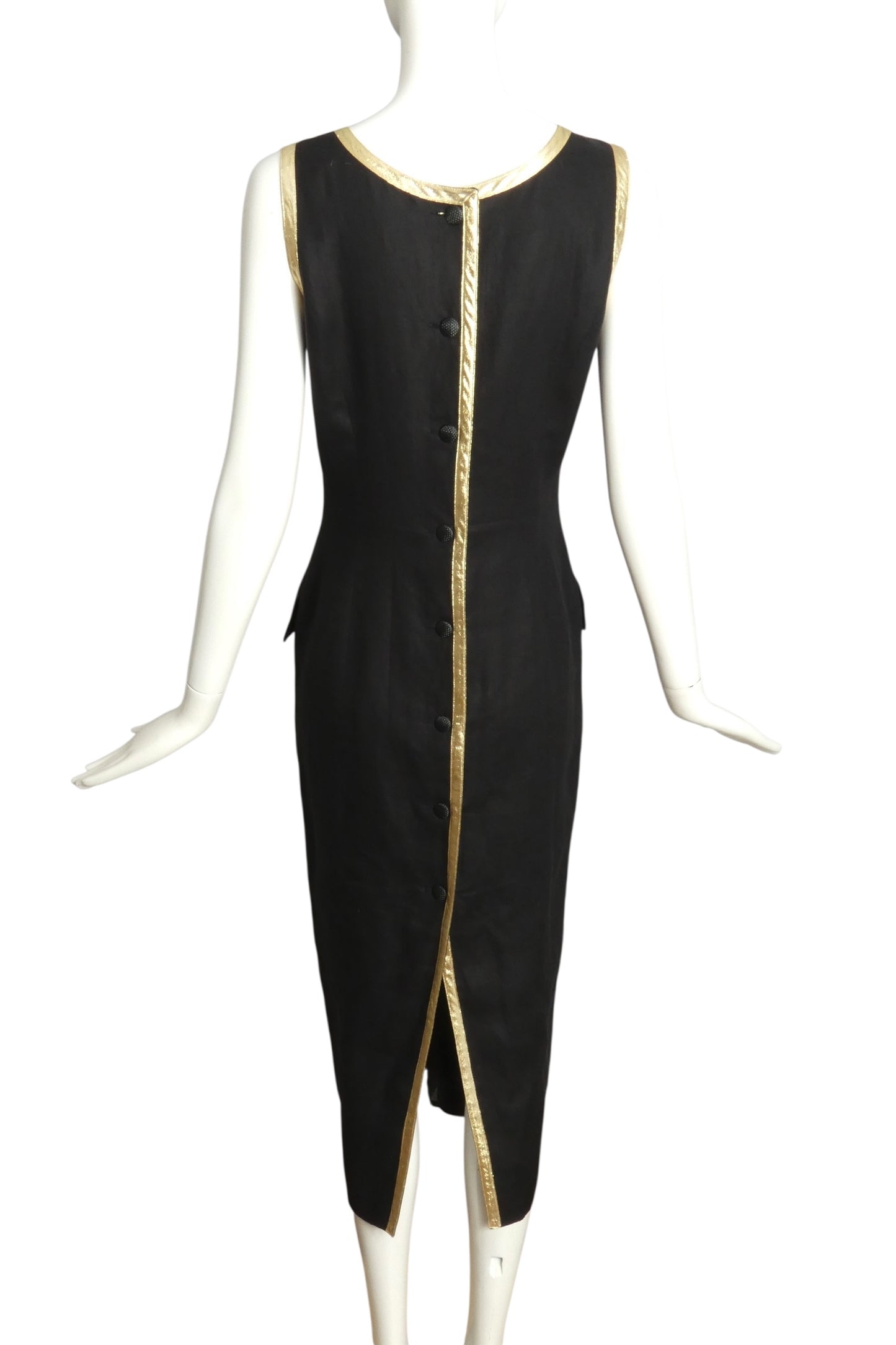 VALENTINO-1990s Black Linen & Gold Lame Shift Dress, Size 6