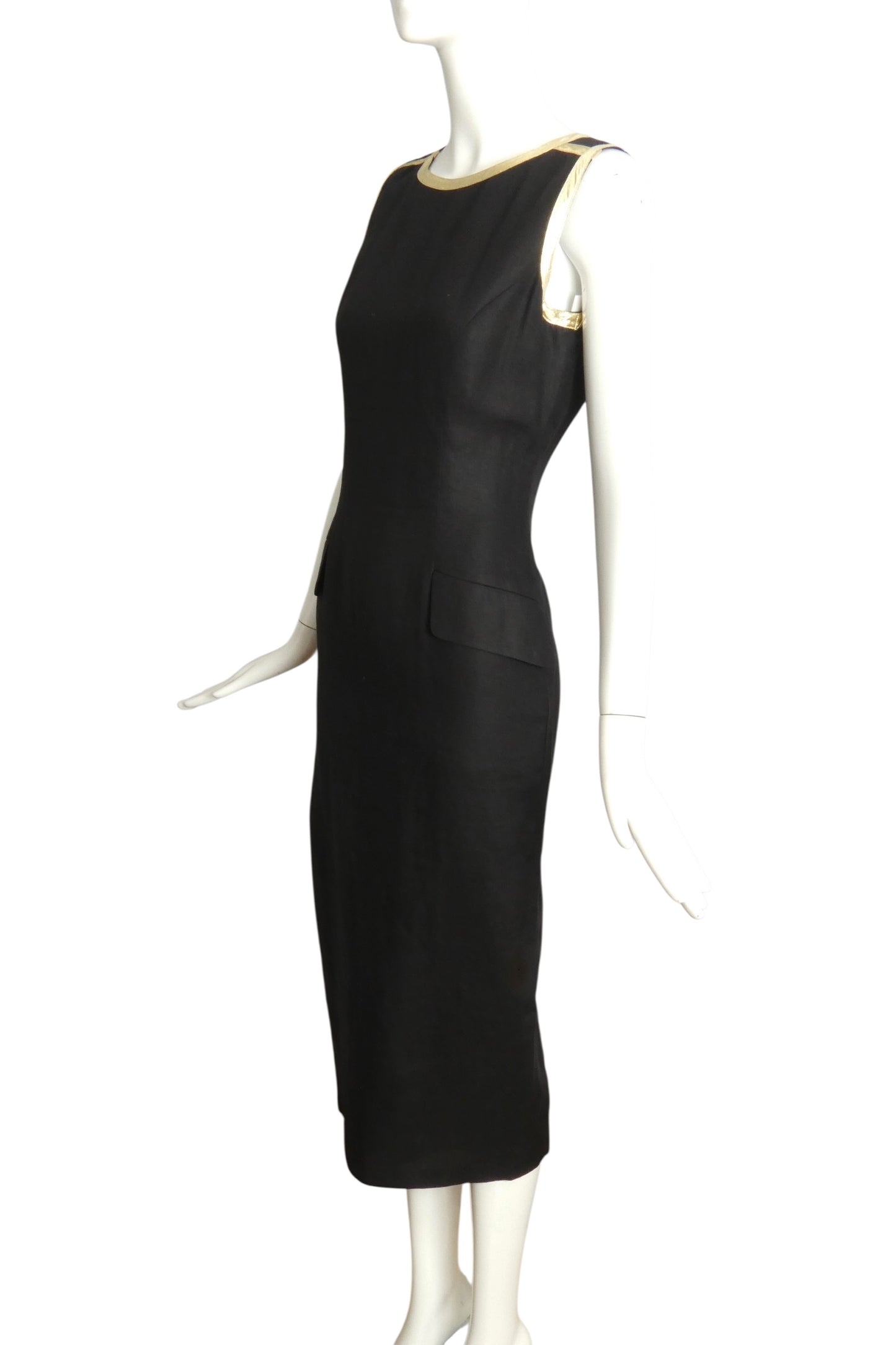 VALENTINO-1990s Black Linen & Gold Lame Shift Dress, Size 6