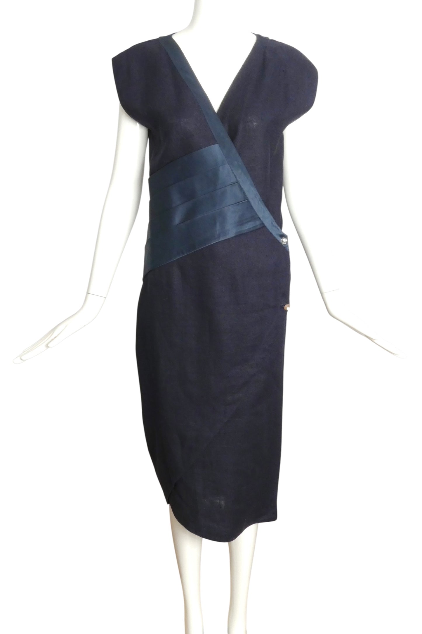 GIANNI VERSACE- 1985 Navy Linen & Silk Wrap Dress, Size 6