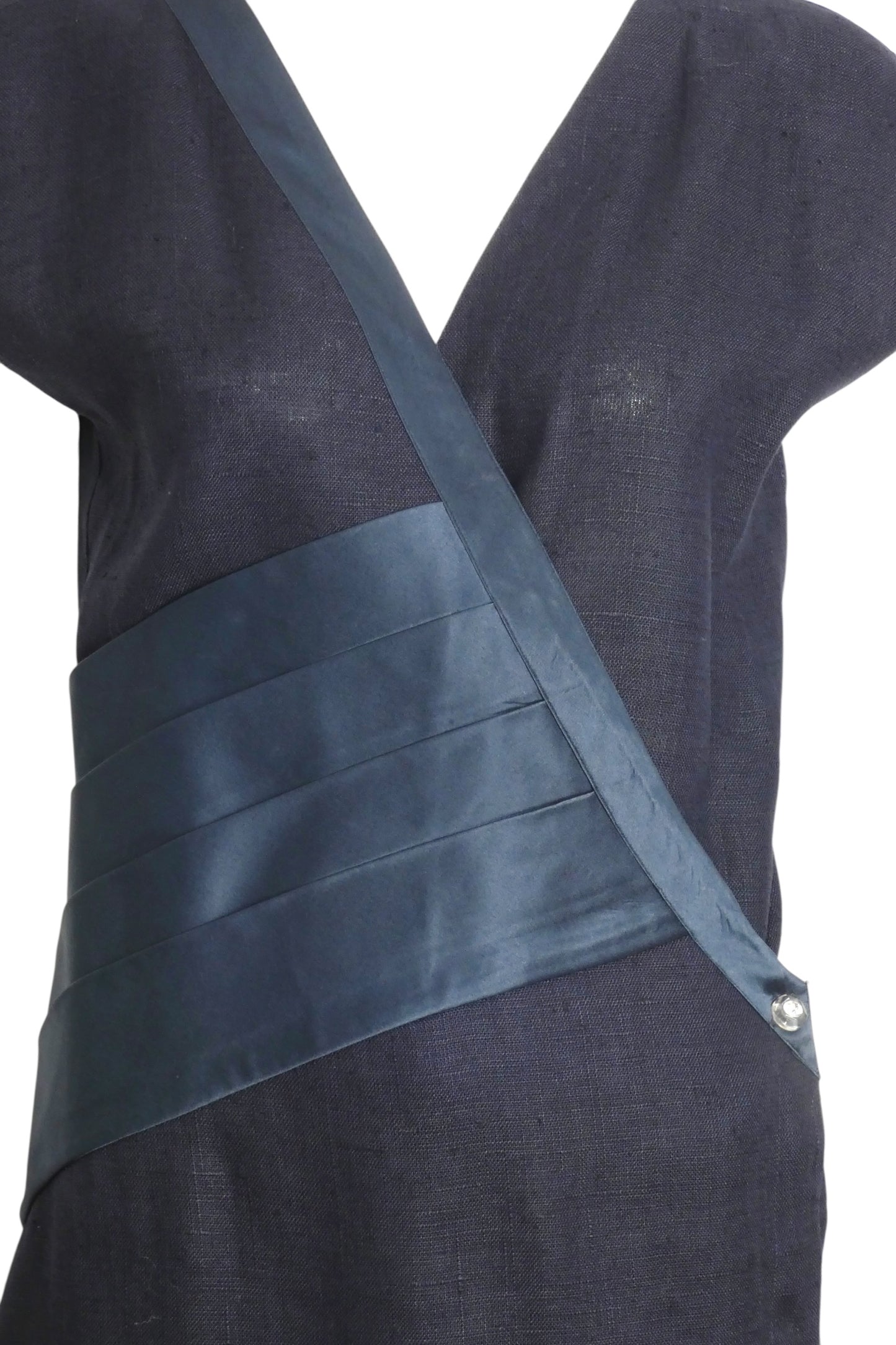 GIANNI VERSACE- 1985 Navy Linen & Silk Wrap Dress, Size 6