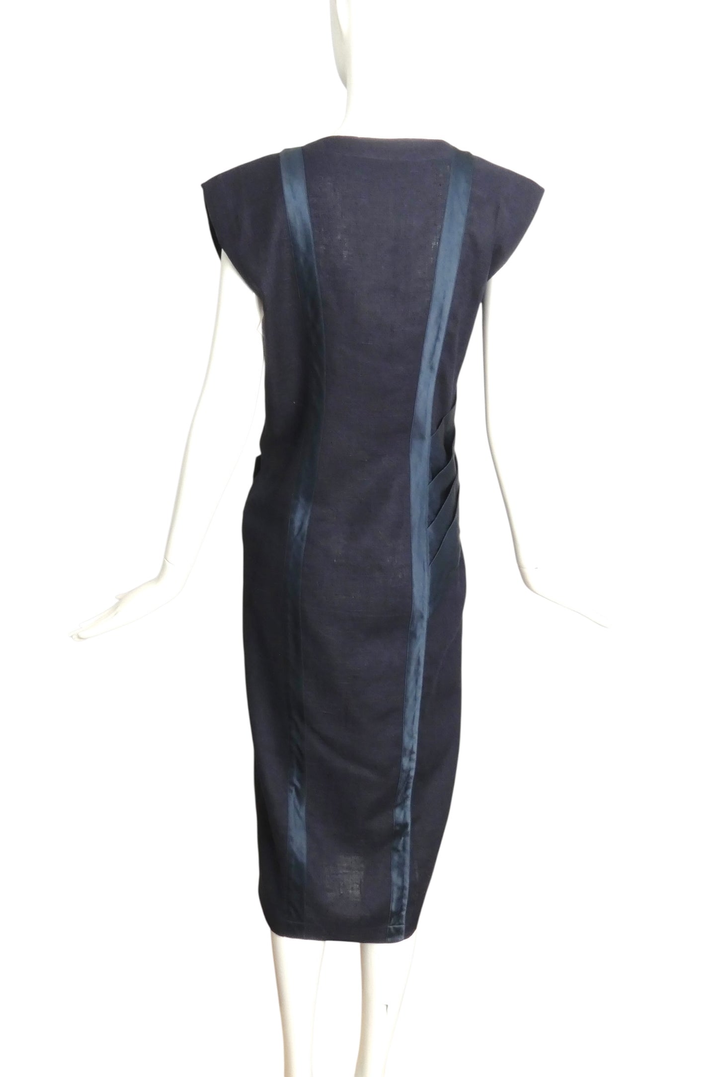 GIANNI VERSACE- 1985 Navy Linen & Silk Wrap Dress, Size 6