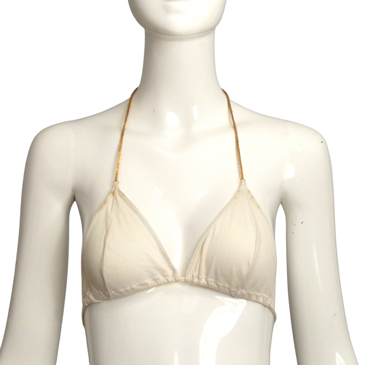 1970s White Knit & Gold Chain Bikini Top, Size 4