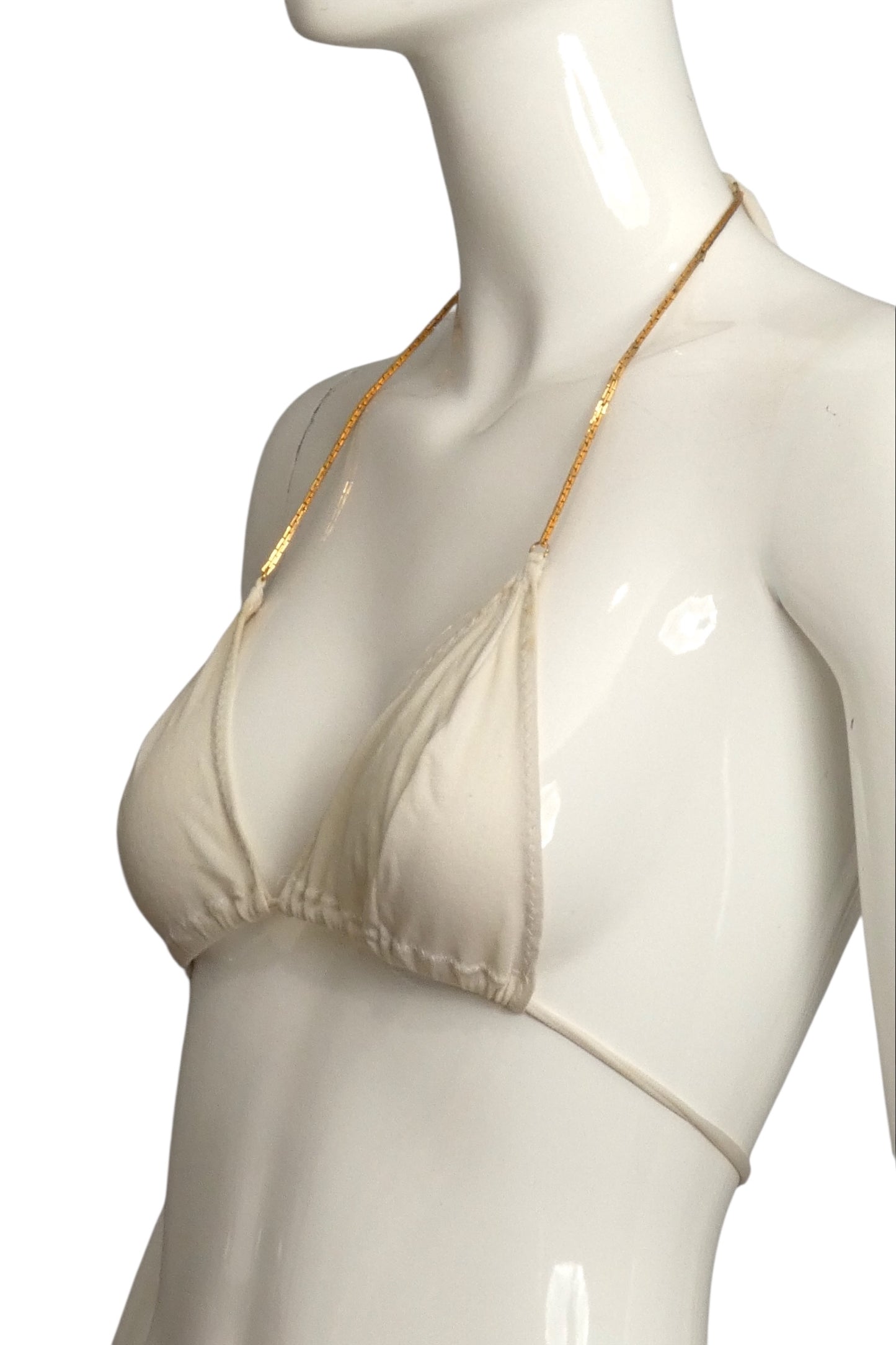 1970s White Knit & Gold Chain Bikini Top, Size 4