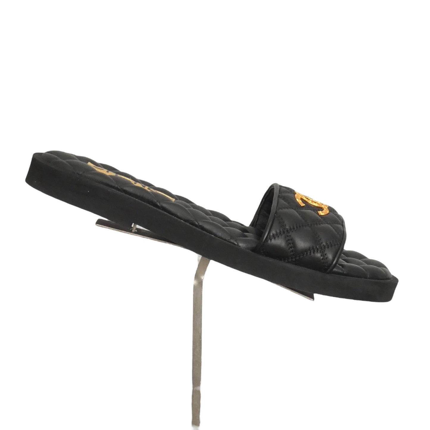 CHANEL- Black Quilted Leather "CC" Slides, Size 38.5