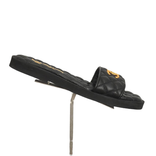 CHANEL- Black Quilted Leather "CC" Slides, Size 38.5