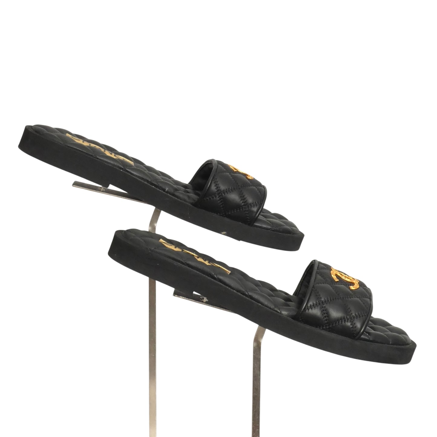 CHANEL- Black Quilted Leather "CC" Slides, Size 38.5