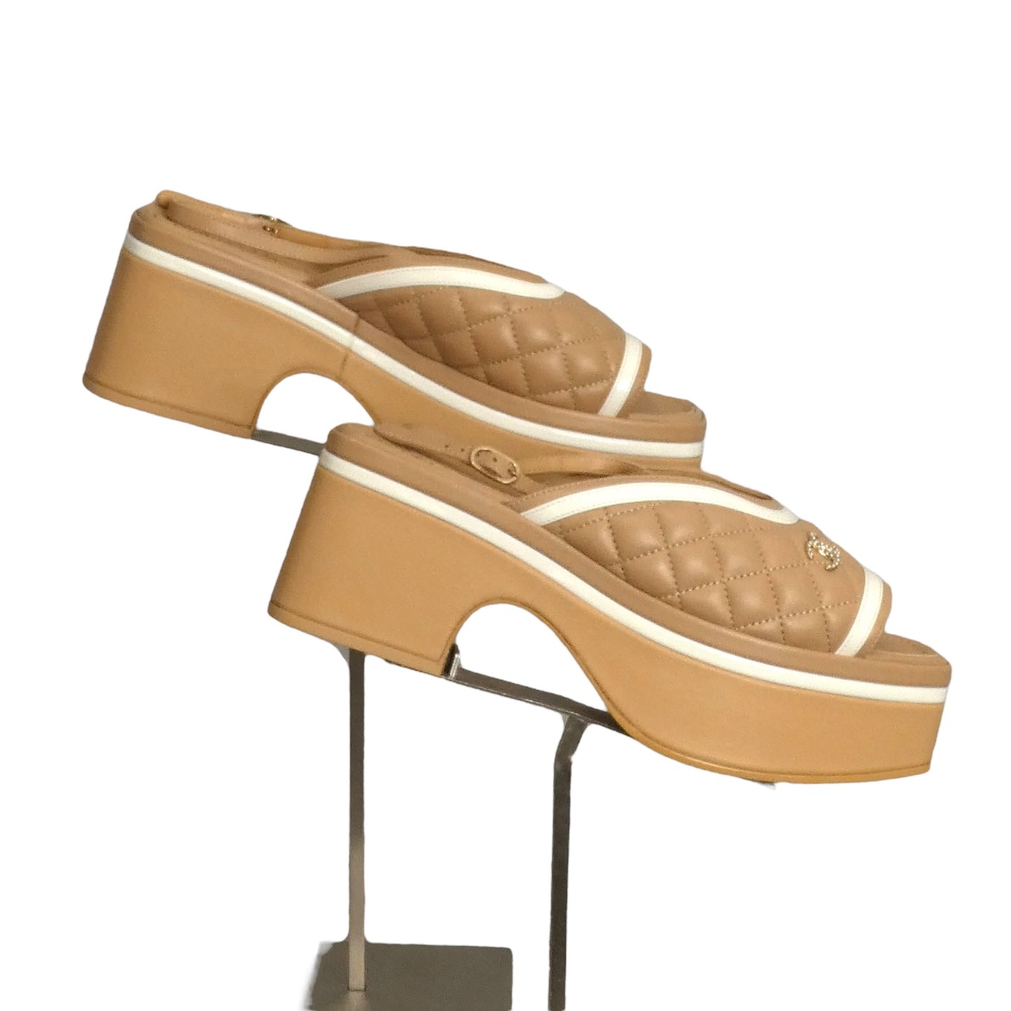 CHANEL- Beige & White Quilted Platform Sandals, Size 38.5
