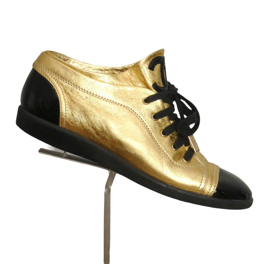 CHANEL- Gold Leather & Patent Cap Toe Sneakers, Size 38.5