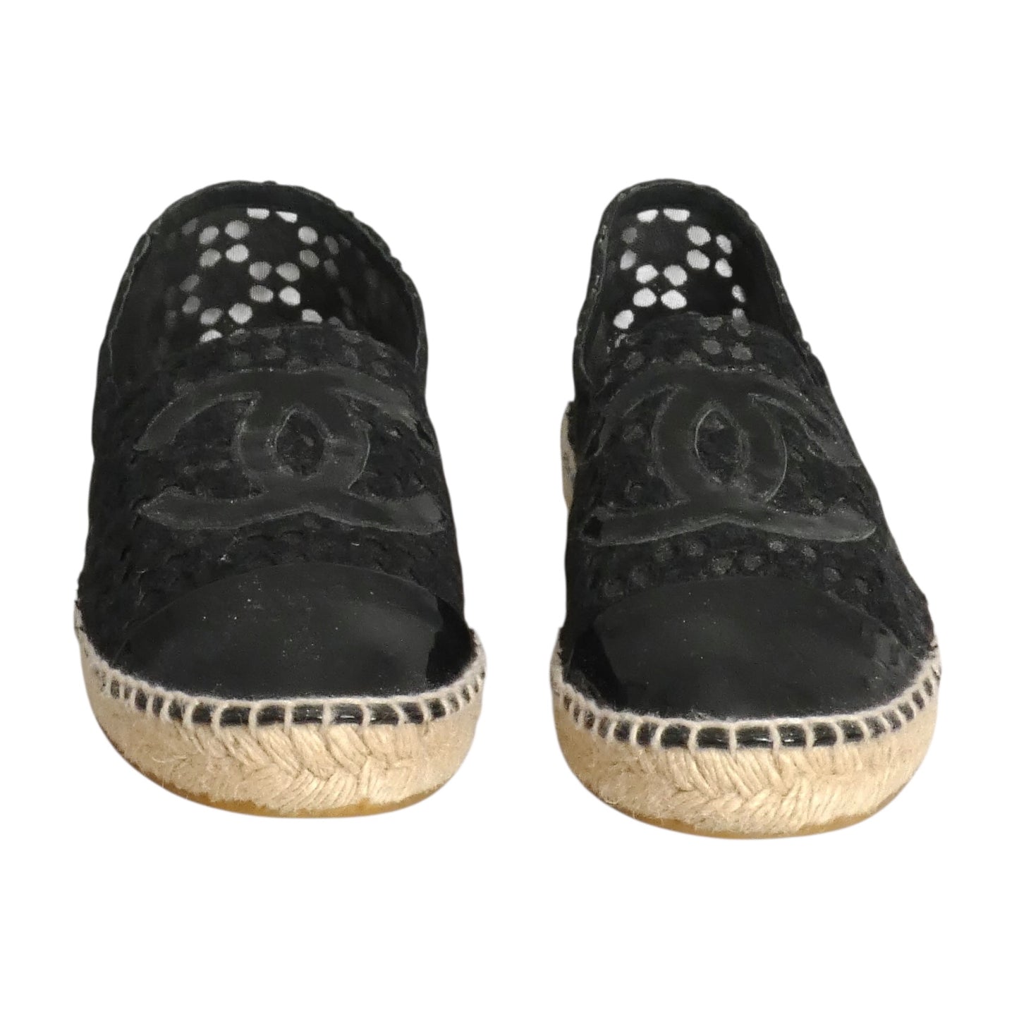 CHANEL- Black Patent & Lace Cap Toe Espadrilles, Size 39